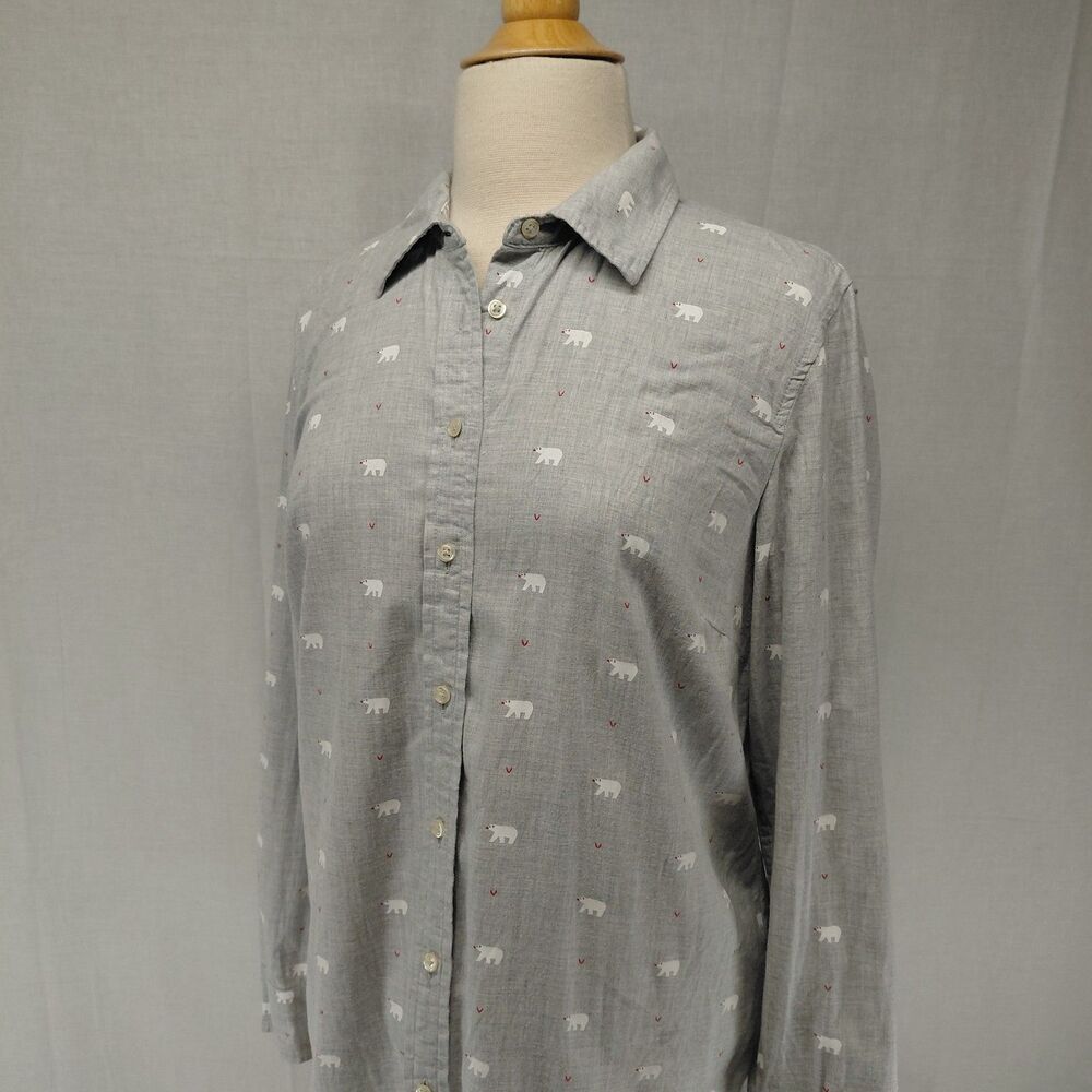 Talbots LS Polar Bear Button-Up Shirt 100% Cotton Light Gray Size Large - Picture 2 of 8